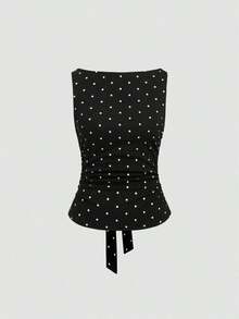 Top Bandeau Casual Negro de Verano para Mujer con Escote Pronunciado, Lazo y Estampado de Lunares - Negro - Ver 6