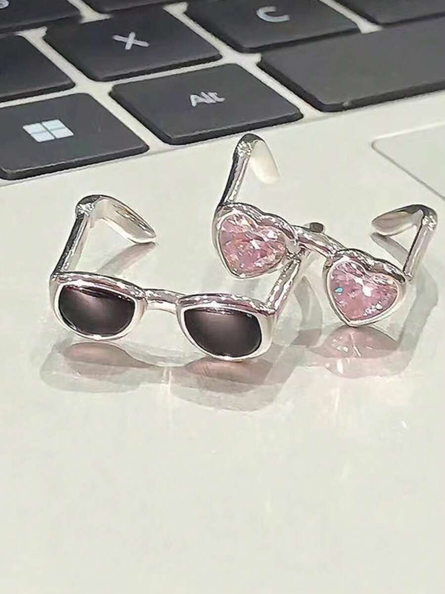 1pc Minimalist Cute Glasses Adjustable Ring, Quirky Personalized Mini Glasses Ring - Multicolor - View 1