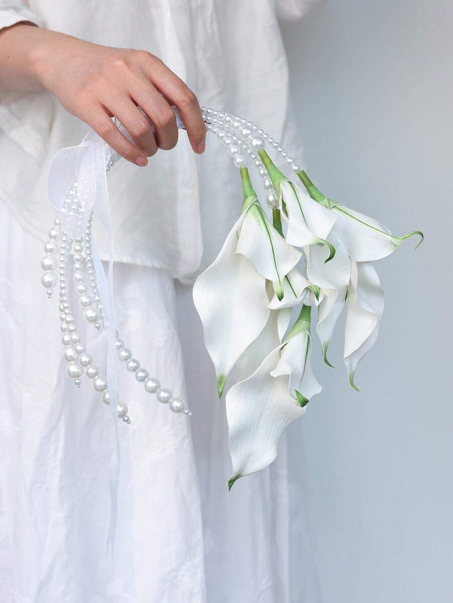 1pc White Artificial Calla Lily Bridal Bouquet With Pearl Handle & Satin Ribbon, Elegant Wedding Handheld Flower