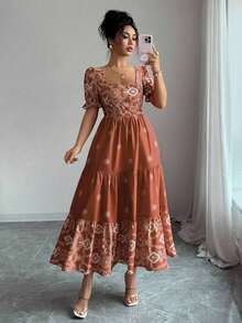 Vestido casual/de trabajo de manga corta con cuello cuadrado y cintura ceñida en línea A con estampado para mujer - Marrón - Ver 5