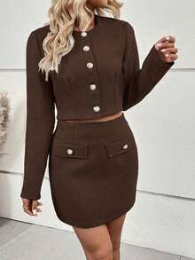 MEXSHEIN ChicEase Conjunto de 2 piezas de chaqueta corta abotonada de tweed elegante y falda mini para mujer, adecuado para el trabajo y el uso casual, otoñoMEX 8IFU - Marrón - Ver 6