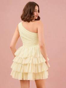 aEnchnt Vestido de malla en capas con cintura de volantes y hombro oblicuo para mujer en temporada de verano - Amarillo - Ver 2