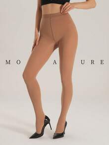 MOIRÉALLURE 1雙 200D 不透明女款高腰彈性加厚底襪 時尚素色簡約性感休閒百搭女用緊身褲 - 卡其色 - 查看 2