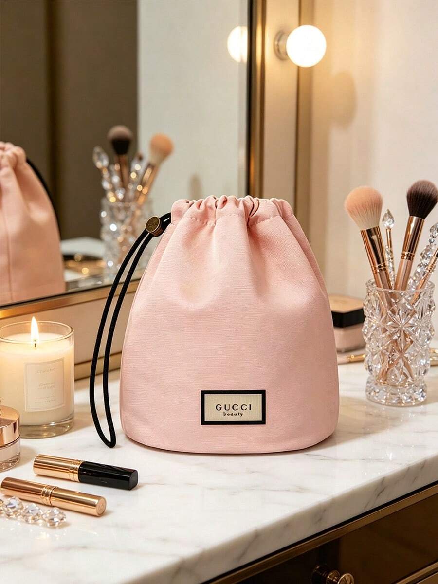 Gucci 裸粉色布料抽繩束口收納袋,大容量桶狀化妝品與盥洗用品收納包,黑色抽繩搭配金屬扣設計,適用化妝品、保養品、盥洗用品、旅行試用品,居家、旅行、通勤便攜,溫柔輕盈奢華風格女性美容禮物 - Light Pink - 查看 1