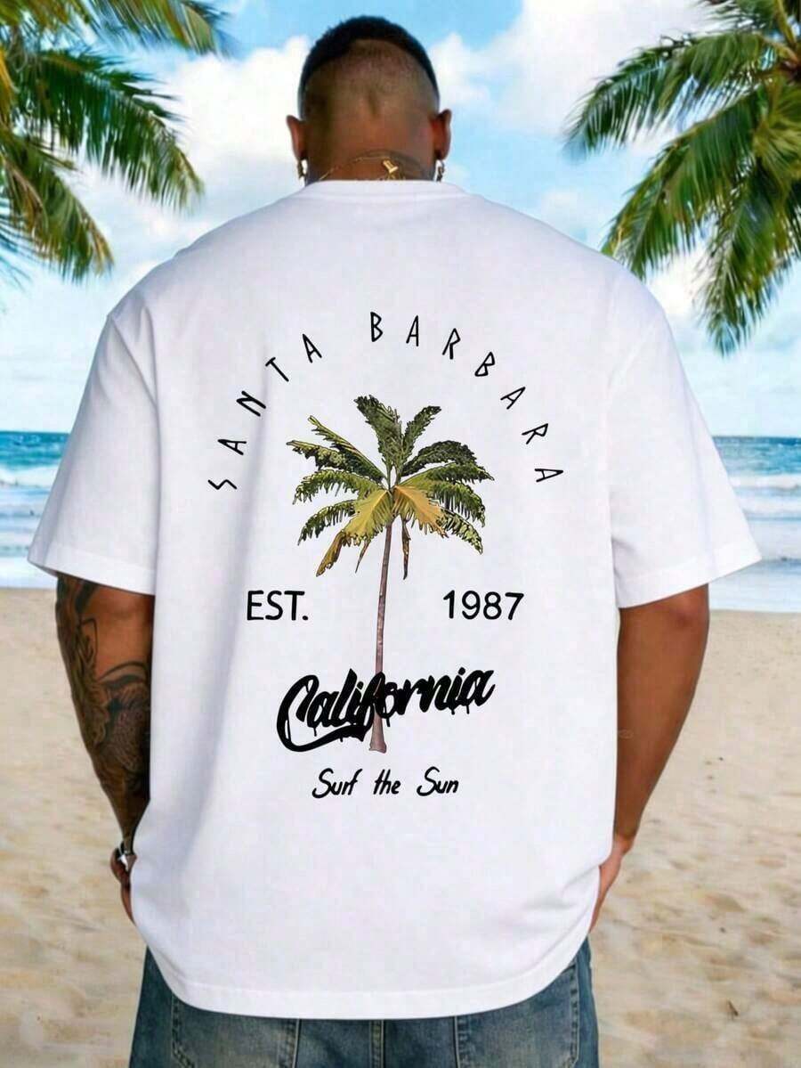 AnChiStreetwear - Ledig kortärmad T-shirt med tryck av kokospalmer och engelsk text för män i stora storlekar, lämplig för vardagsbruk, streetwear, semester och utflykter. - Vit - Visa 1