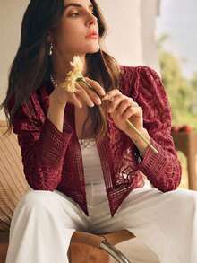 Chaqueta casual de mujer con mangas abullonadas, ribete de encaje floral, cuello redondo, color blanco, adecuada para primavera, vacaciones y tiempo libre - Burdeos - Ver 3