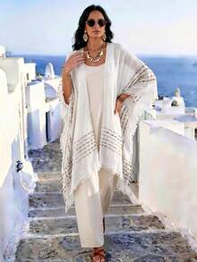 1pc Women's Spring/Summer Bohemian Style Minimalist Pattern Split Shawl Outerwear Decorative Beach Vacation Sun Protection Shawl Fashion Versatile Casual Suitable For Daily Matching, Perfect Gift Choice - White - View 7