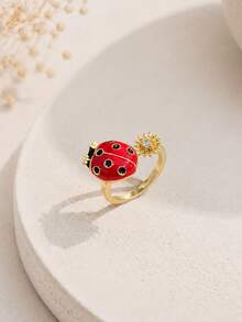 1 pieza Anillo abierto giratorio de mariquita de cobre, anillo giratorio de mariquita esmaltado con flor de circonita, anillo abierto ajustable de animal - Anillo giratorio con forma de mariquita - Ver 7