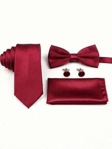 Set de 4 piezas para hombre de negocios con corbata de unicolor de poliéster, pajarita, pañuelo de bolsillo y gemelos, para bodas - Burdeos - Ver 2