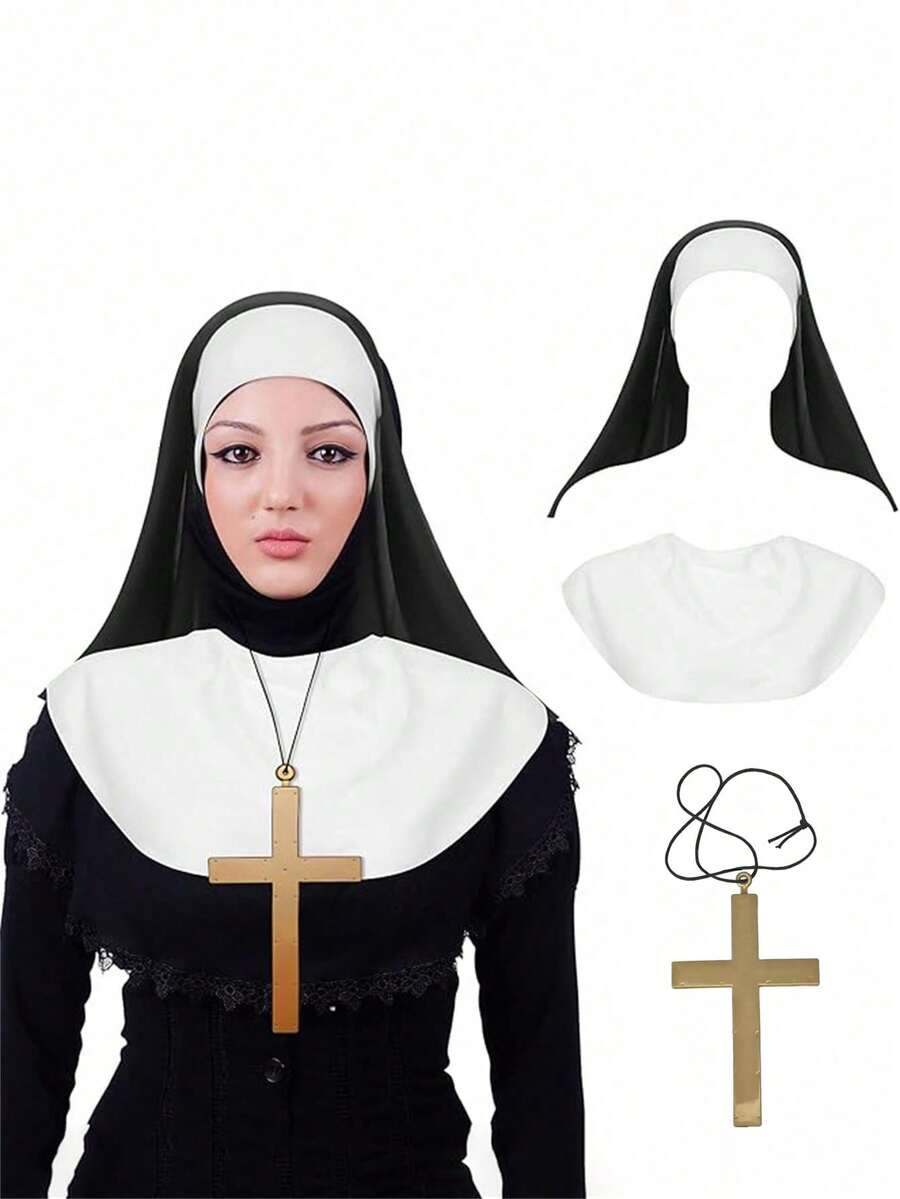 3pcs/Set Nun Costume Set: White Collared Hat,Gold Cross Necklace.Charming Accessories For Halloween,Masquerade,Church,Halloween Costume Accessories - Multicolor - View 1