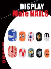 24pcs Short Square Nail Stickers, Y2K Style Cute Pattern Pearl Decor Design, High Gloss Full Coverage, Suitable For Men's Daily Wear Fake Nails - Multicolor - View 3