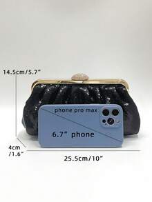 Elegant Ruched Sequined Evening Bag Sparkly Glitter Clutch Purse With Rhinestone Clasp Chain Strap For Women Wedding Party Prom Banquet, Classic Black - Black - View 3