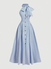 YkhahaSHEIN MOD Vestido de mujer con cuello y cintura ajustada con estampado de teñido anudadoYkhaha - Azul y blanco - Ver 7