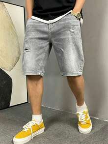 Men's Casual Washed Vintage Distressed Denim Shorts, Summer - Grey - View 2