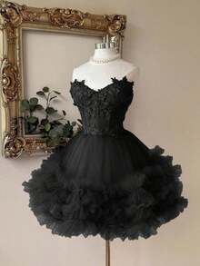 Lovelzi Elegante y lujoso vestido corto hecho a mano con aplicaciones bordadas, encaje de ganchillo y parches de satén, con abertura en la cintura, adecuado para citas, fiestas de solteros, galas, bailes, Día de San Valentín - Negro - Ver 5