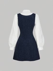 MEXSHEIN MOD 1 pieza Vestido largo de manga larga con cuello y parche de cuadros elegante para mujer, otoñoMEX JHTB - Rosa - Ver 6