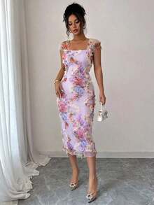 Vestido midi elegante y romántico de mujer con malla impresa y fruncido, adecuado para la temporada de bodas, fiestas, citas, salidas casuales, primavera/verano - Morado 3 - Ver 6