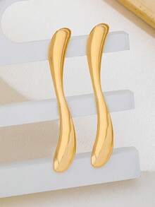 1 par de pendientes elegantes de diseño curvo minimalista, largos y con acabado brillante - Dorado - Ver 3