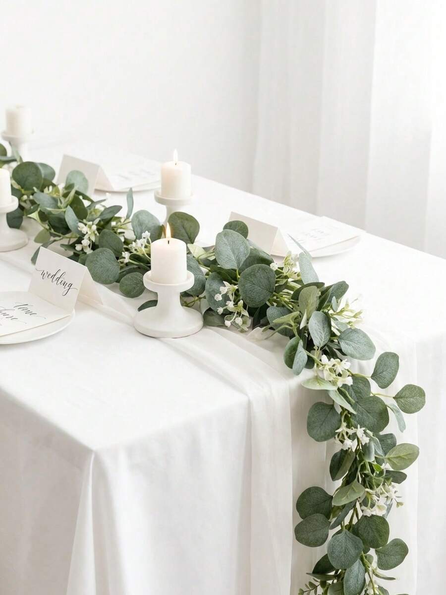 1pc Artificial Eucalyptus Branch Vine, White Flowers, Silver Leaf Eucalyptus Branch Vine With Baby's Breath, Artificial Greenery Vine, Suitable For Wedding, Party, Fireplace Mantel, Table Runner, Home Decor, Office Decor, Summer Decor - Green Extended Version - View 1
