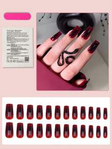 24pcs Gradient Red & Black Shiny Rectangular Nail Stickers, Suitable For Women & Girls - Red - View 3