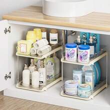 Delamu Organizador Debajo del Fregadero de 2 Niveles Multiusos para Baño Y Cocina Organizador de Baño Extraíble con Divisores Ajustables Apilable para Alacena O Botiquín - Beis - Ver 2