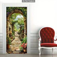 1/2pcs Self-Adhesive Removable Door Sticker - Garden Path With Stone Arch Scenery, PVC Vinyl Decorative Decal For Bedroom, Living Room, Bathroom, Glossy Green Plant Home Decor, High Gloss Wall Sticker, Harmonious Haven Theme, Easy Installation, Apartment Decor - A - View 8