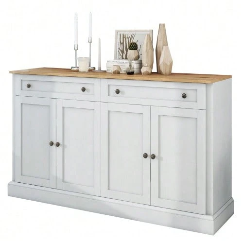 Large Sideboard With 4 Doors And 2 Drawers, Modern Storage Unit For Dining Room And Living Room, 150 X 40 X 86 Cm (L/W/H) – (Antique White) - 自然色 - 查看 1