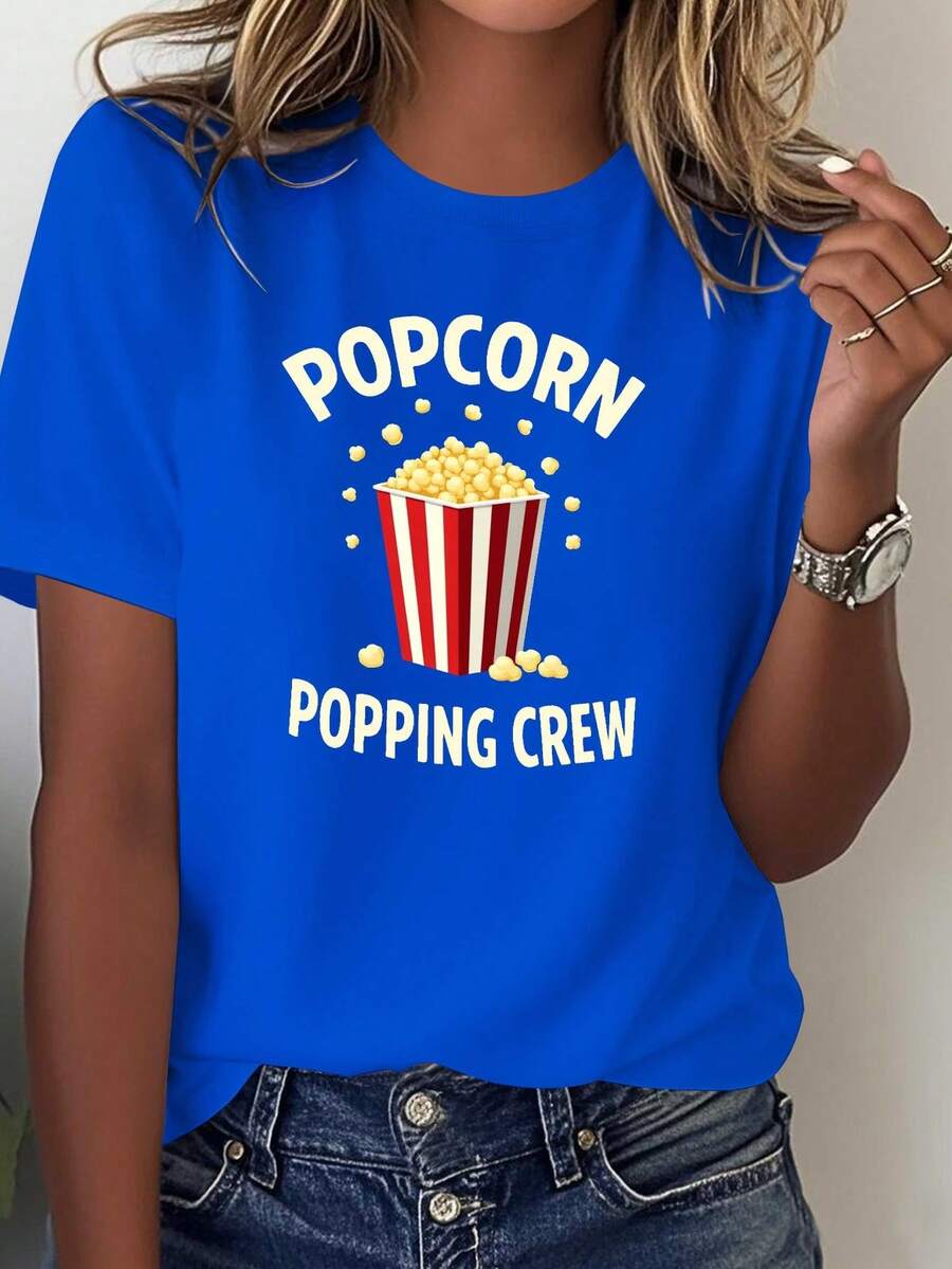 Camiseta cómoda de color sólido para mujer con diseño de trabajador de palomitas de maíz - Azul - Ver 1