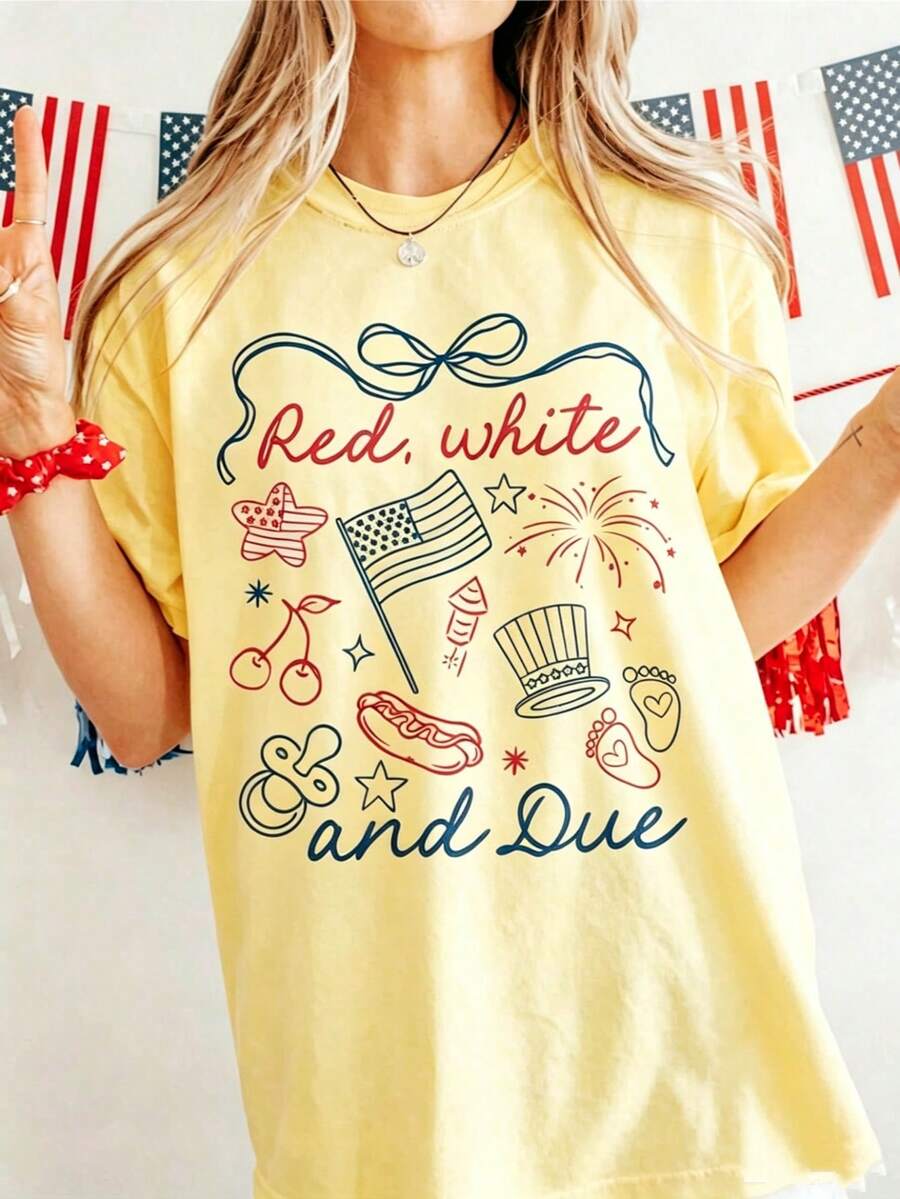 Soft Cotton T-Shirt For Women, Red White And Due Shirt, 4th Of July Pregnancy Reveal Shirt, Summer Pregnancy Announcement Tee, Expecting Mom To Be T-S - 黃色 - 查看 1
