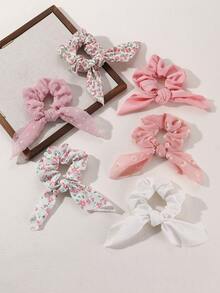 6pcs Floral Print Rabbit Ear & Scrunchie Hair Accessories, Pastoral Style Pink Daisy Flower, Suitable For Daily, Party, Vacation Outfit Elastic Hair Ties - Pink - View 2
