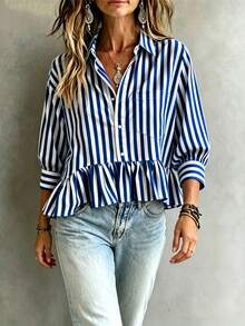 Women's Green & White Striped Ruffle Hem Blouse, Casual 3/4 Sleeve, Ruffle Hem Design, Spring/Summer Vacation & Daily Wear, Breathable Loose Fit, Suitable For Beach Trip, Weekend Outing, Mother's Day - Blue - View 9