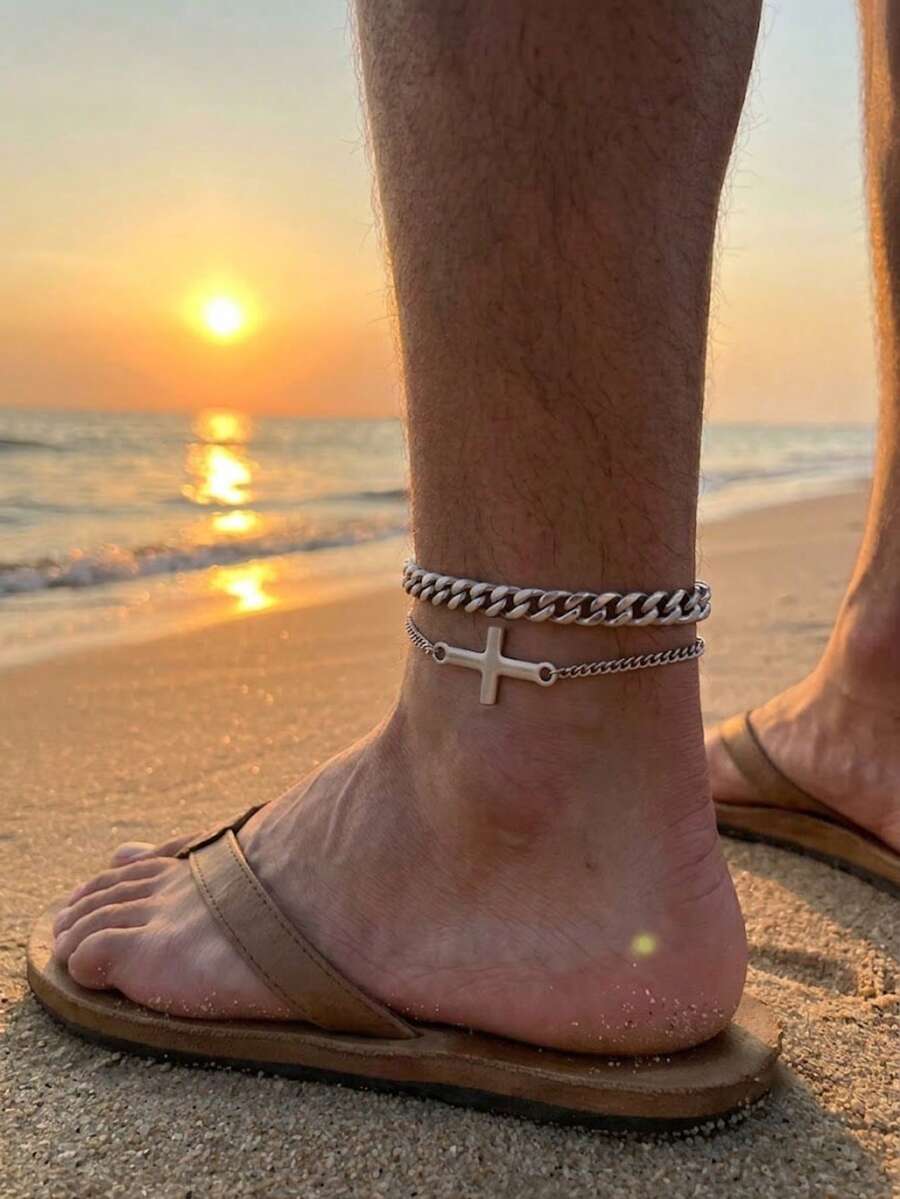 Men 2Pcs Stainless Steel Cross Anklet Chain Set Non-Tarnish Waterproof Layered Cuban Foot Bracelet Beach Vacation Jewelry Father's Day Gift For Dad Husband - Multicolor - View 1