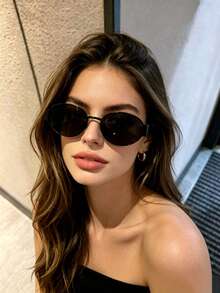 1 Pair Black Oval Fashion Glasses, Metal Material Suitable For Street, Driving, Travel, Fashion Matching, Versatile Daily Wear, Fashionable Accessory - Black - View 1