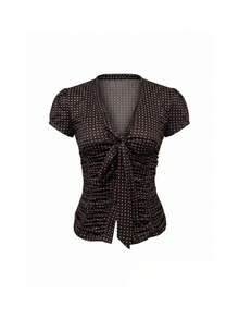 Áo sơ mi nữ tay ngắn chấm bi, kiểu dáng thanh lịch kiểu Pháp. - Cà phê nâu - Xem 9