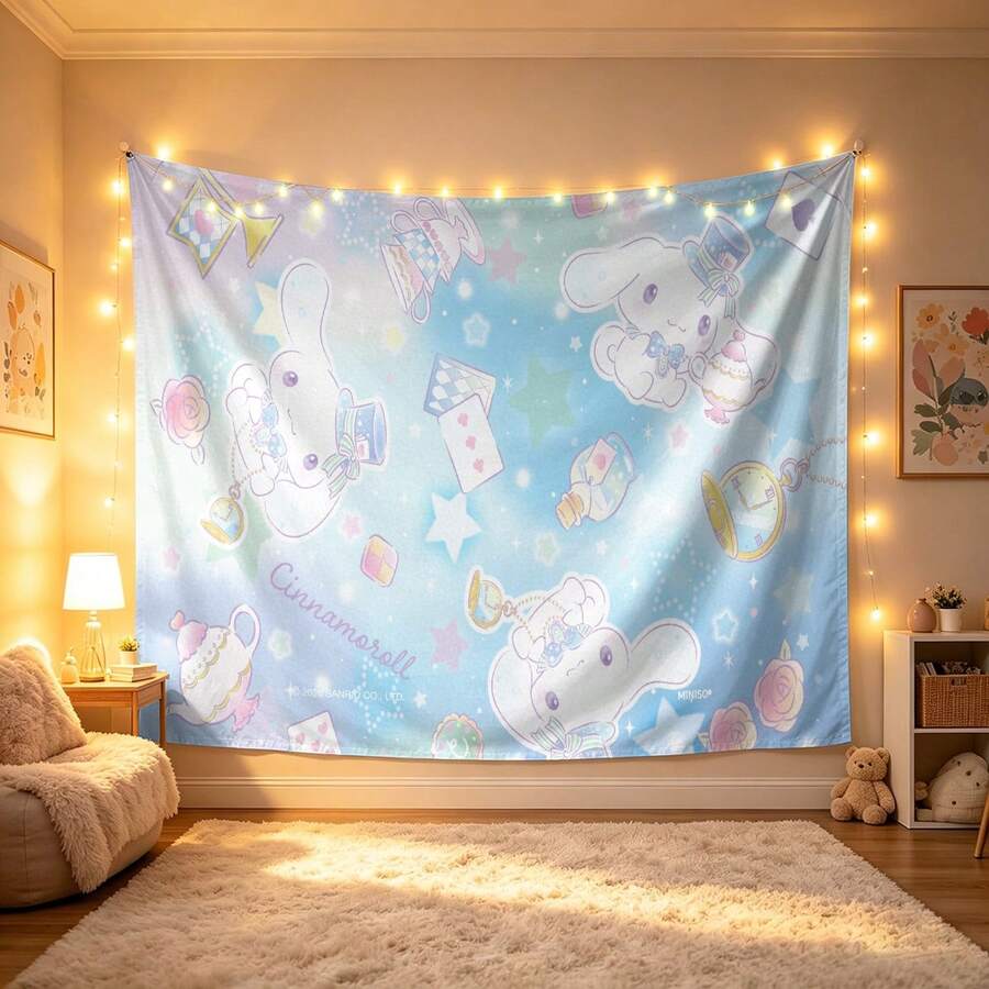 Miniso Sanrio Cinnamoroll Tapestry, Pastel Blue Wonderland Print No-Hole Backdrop, Perfect For Parties, Camping, Home Decor, Scene Setup And Gathering Displays - 0 - View 1