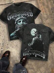 Camiseta de algodón peinado lavado de 230g para hombre, con estampado de la Estatua de la Libertad Enmascarada de Godspeed y texto "NIGHT OF THE DEMIGODS", estilo urbano de manga corta, ropa de estilo dark hardcore americano, cuello redondo, ideal para uso diario casual en primavera y verano. - azul real - Ver 7