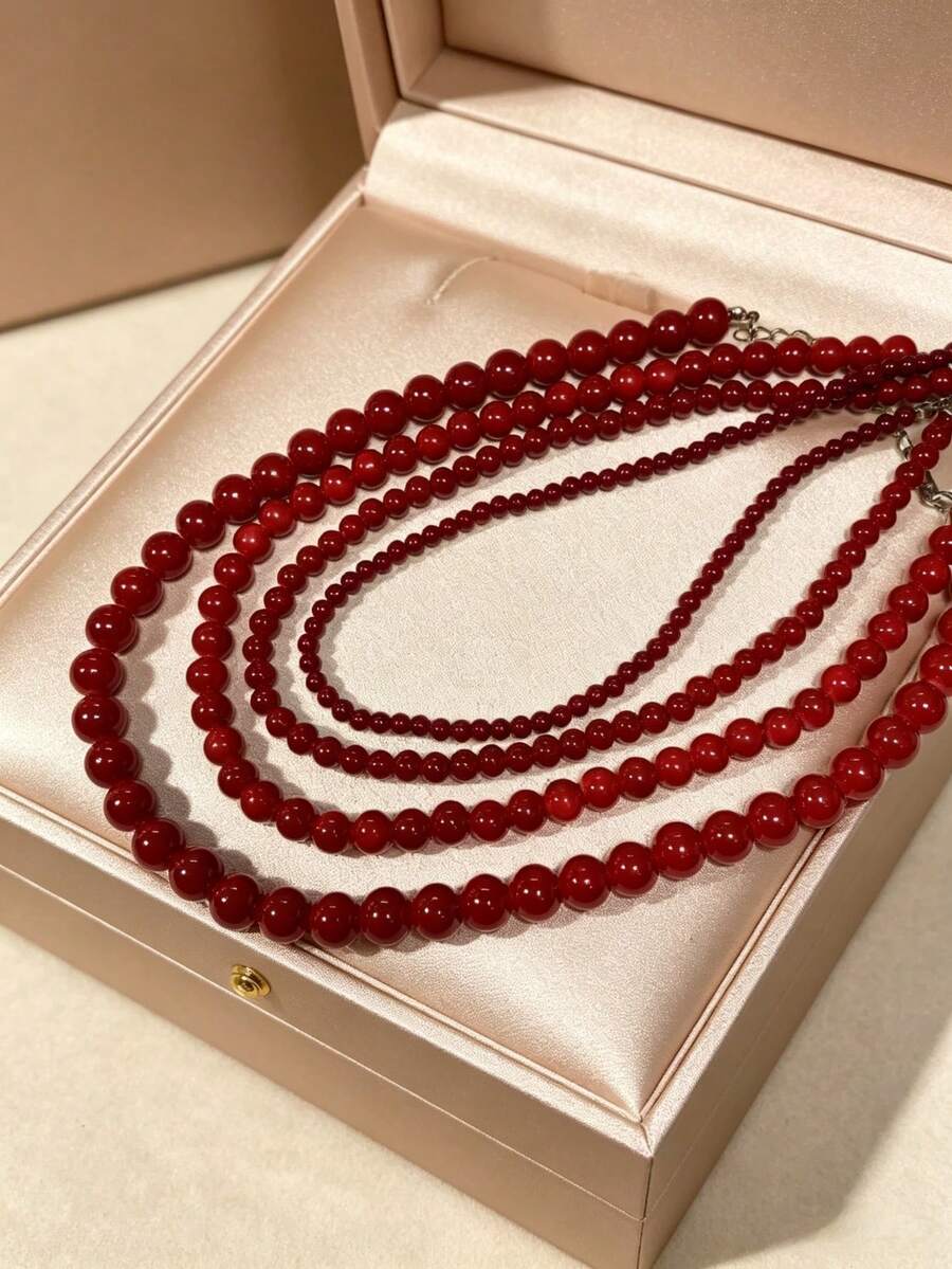 1件極簡復古紅色串珠項鍊，優雅鎖骨鏈，小眾頸鍊，百搭造型，適合女性日常穿著或度假