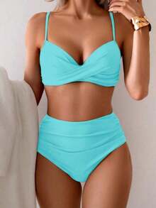 Conjunto de 2 piezas de bikini de verano unicolor elegante estilo bohemio con tirantes finos dulce traje de baño para playa vacaciones negro - verde menta - Ver 11