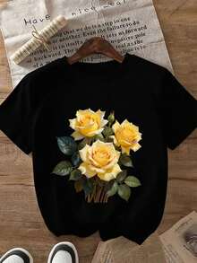 Camiseta Negra con un Estampado de 3 Rosas Amarillas Y Hojas Verdes, 7.76 oz, Estilo Casual Unisex, Tela Cómoda, un Gran Regalo para Amigos Y Familia - Top Versátil para el Día a Día, Adecuado para Exhibición Colgante - Negro - Ver 2