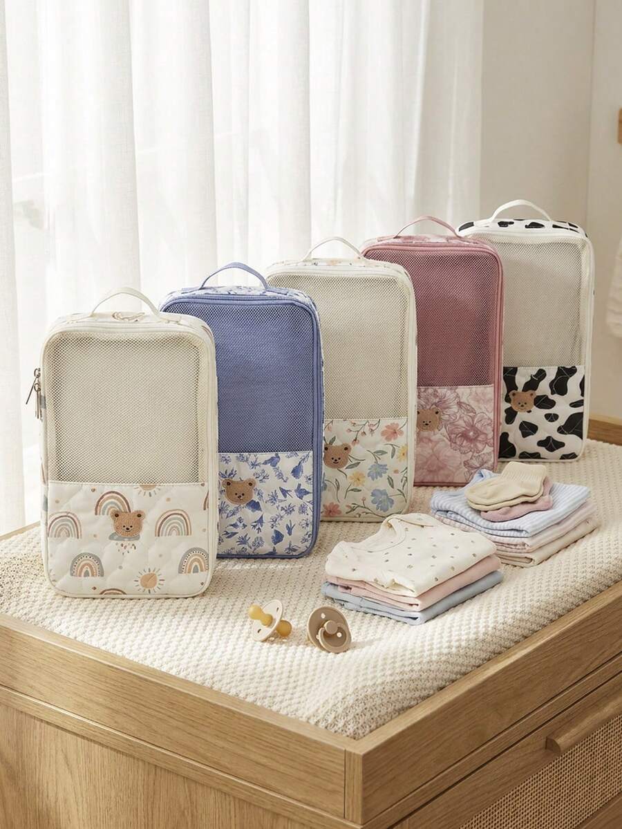 1件熊圖案刺繡媽媽包,大容量雙拉鍊便利收納袋,附手把,可收納嬰兒衣物、奶瓶、鞋子、尿布,適合嬰兒洗禮禮物、媽媽與小孩禮物、住院包 - 小熊 - 查看 1