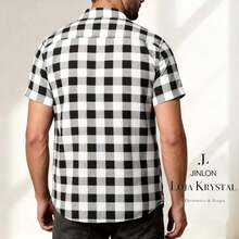 LK Checkered Printed Men's Short-Sleeve Dress Shirt For June Festivals - 白色 - 查看 3