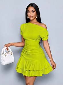 Vestido elegante de mujer para fiestas y día, de punto en color albaricoque, con cuello asimétrico, mangas largas y volantes dobles fruncidos - Verde 2 - Ver 7