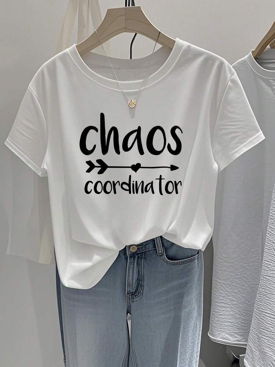 Women's Short-Sleeved T-Shirt, Regular Fit - Featuring A Fun And Playful 2D Geometric "Chaos Coordinator" Print. Modern Urban Style | Youthful Design | Comfortable Fit - 白色 - 查看 1