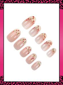 Bộ 24 móng tay giả ngắn hình oval, họa tiết hoa mùa xuân, kiểu Pháp, màu nude, bóng mượt, dễ đeo hàng ngày, thích hợp cho phụ nữ và bé gái. - Nhiều màu - Xem 3