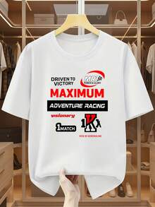 100% Cotton. Minimalist. 1 Pack. 100% Cotton Plus Size Men's T-Shirt, ADVENTURE RACING Style, With Print And Details Like "DRIVEN TO VICTORY". Comfortable, Casual Short-Sleeved T-Shirt For Summer. Summer Tee Vintage. - 白色 - 查看 6