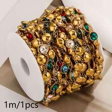 1 Meter 304 Stainless Steel 18K Gold‑Plated Chain With Heart, Star, Oval, Rectangle And Other Shaped Colorful Rhinestones, DIY Accessories For Handmade Necklaces And Bracelets - Chain - View 8