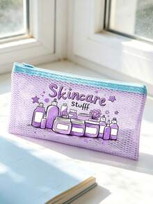 Bolsa de maquilhagem em malha com letra "Skincare Stuff", com padrões de cuidados da pele impressos, bolsa de higiene pessoal, bolsa de arrumação multifuncional, estojo de arrumação, organizador de maquilhagem portátil, bolsa de arrumação para produtos de cuidados da pele, essencial de viagem, mala de viagem, mala de maquilhagem de viagem, essencial para a volta às aulas - Multicolorido - Ver 5