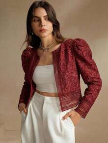 Chaqueta casual de mujer con mangas abullonadas, ribete de encaje floral, cuello redondo, color blanco, adecuada para primavera, vacaciones y tiempo libre - Burdeos - Ver 6
