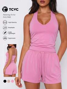 TCVC Women's 2 Pieces Halter Neck Loungewear Set With Removable Padded Bra, 3 Colors Available Sports - Pink - View 1
