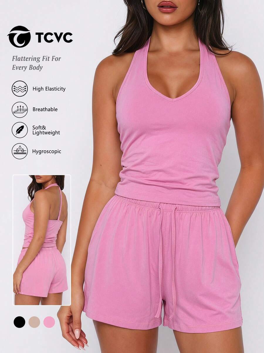 TCVC Women's 2 Pieces Halter Neck Loungewear Set With Removable Padded Bra, 3 Colors Available Sports - Pink - View 1